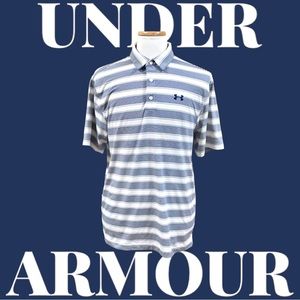 Under Armour Men’s Loose Fit Heat Gear Polo Shirt Navy Blue Stripes Large
